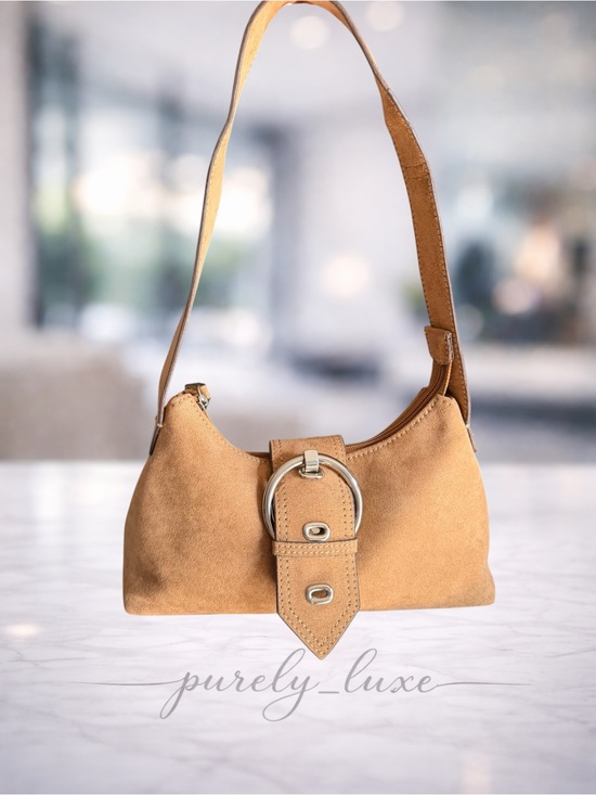 Handbags - Suede Shoulder Bag in Tan with Buckle Detail